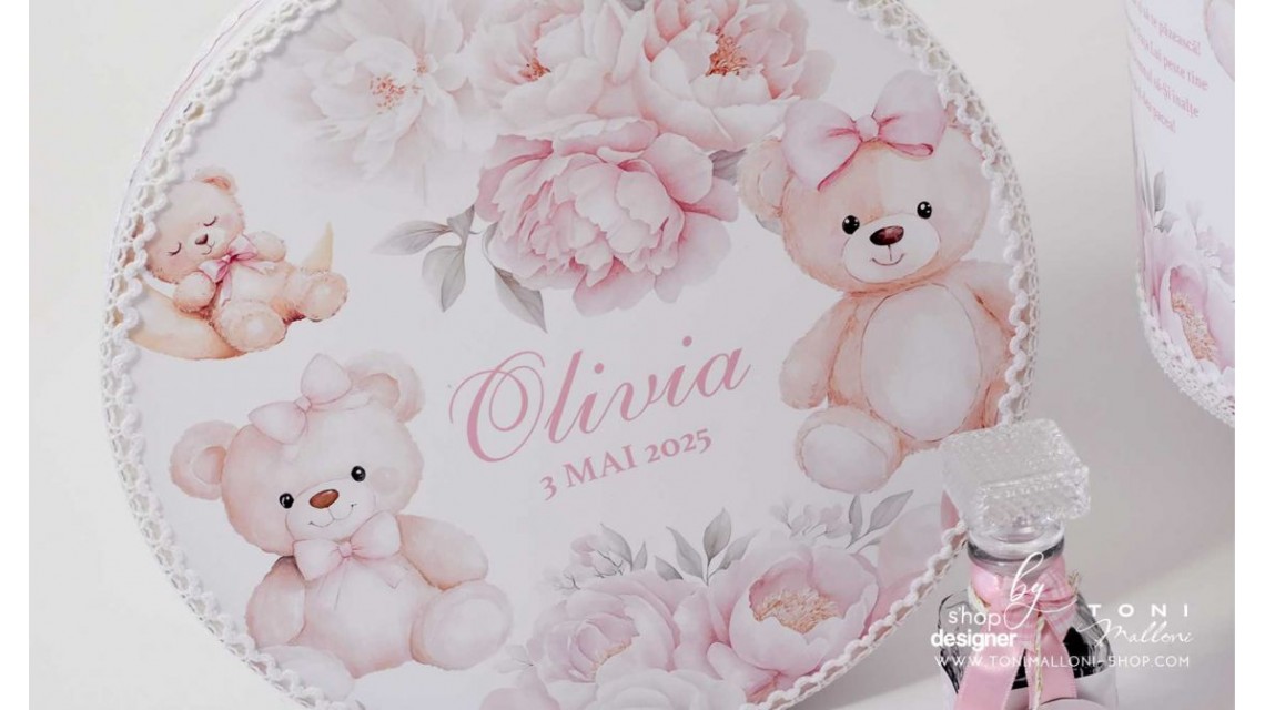 Trusou botez cu ursuleti si flori roz Teddy Bear Baby Girl 12